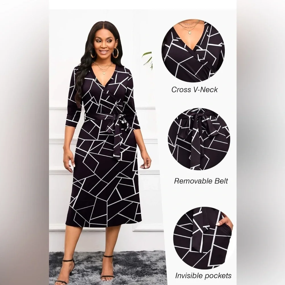 Geometric Black and White Wrap Dress with belt/size M